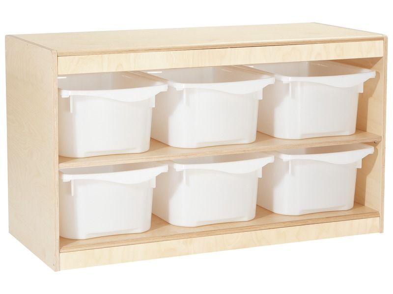 meuble de rangement bas en bois adapté à la hauteur des enfants avec des bacs de rangement en plastique, blog wesco